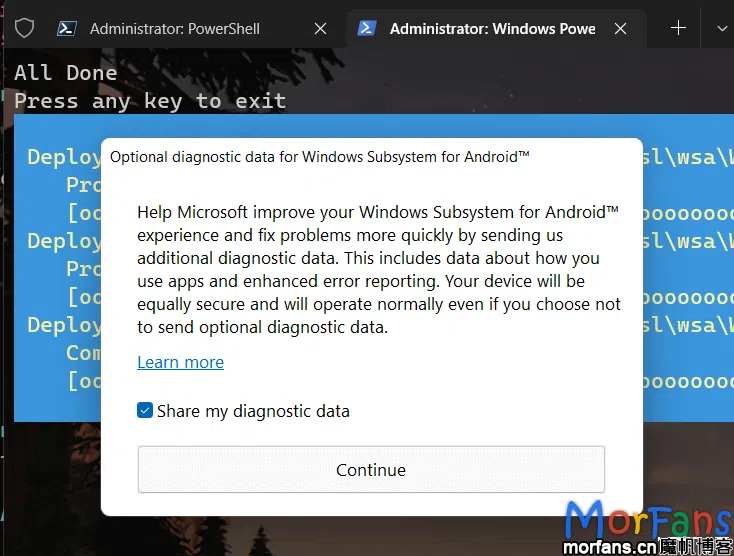 安装有 RootMagiskXposedPlay 的 WSA 安卓子系统 2 第一次运行弹出是否共享诊断数据