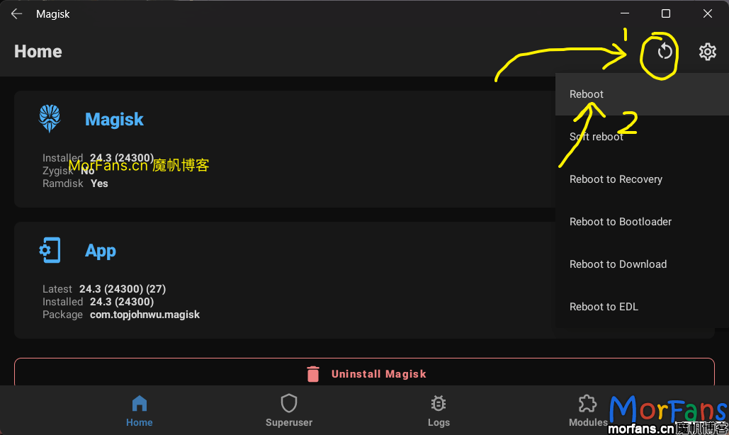 安装有 RootMagiskXposedPlay 的 WSA 安卓子系统 6 在Magisk窗口中重启 WSA
