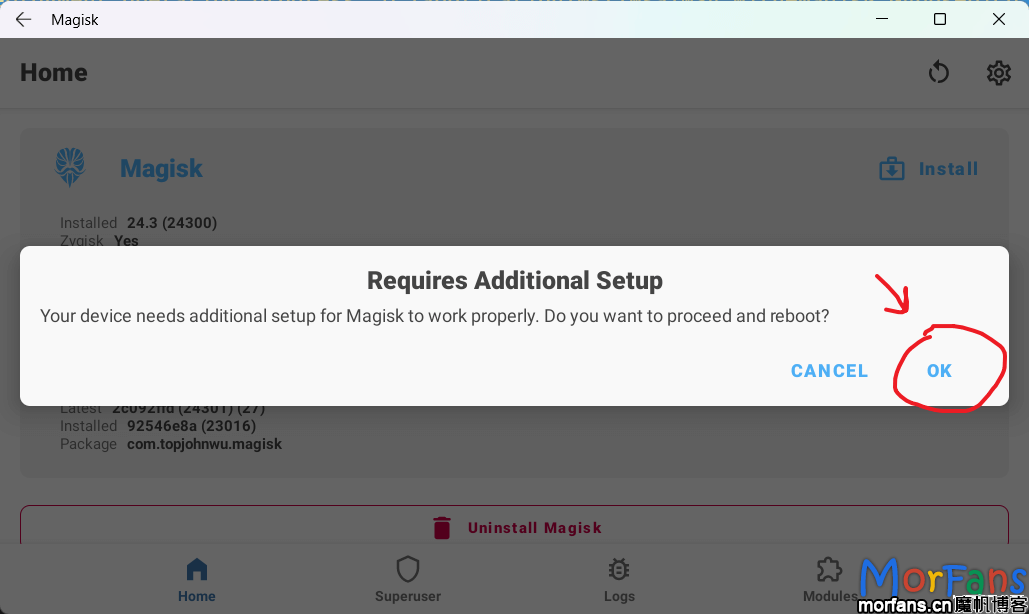 安装有 RootMagiskXposedPlay 的 WSA 安卓子系统 3 Magisk 要求重启