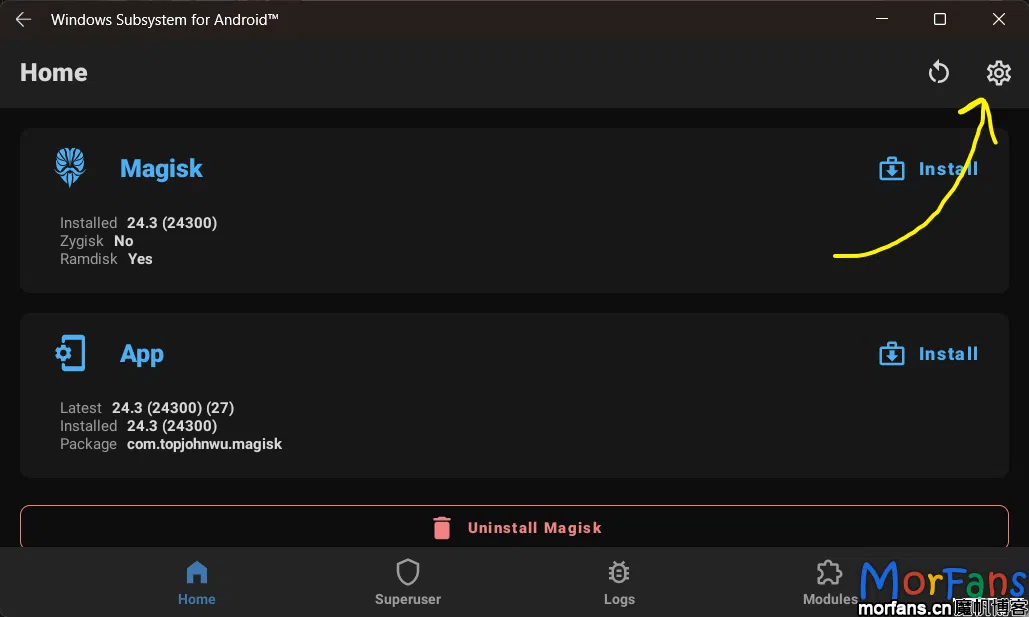 安装有 RootMagiskXposedPlay 的 WSA 安卓子系统 4 在 Magisk 窗口中,点击设置
