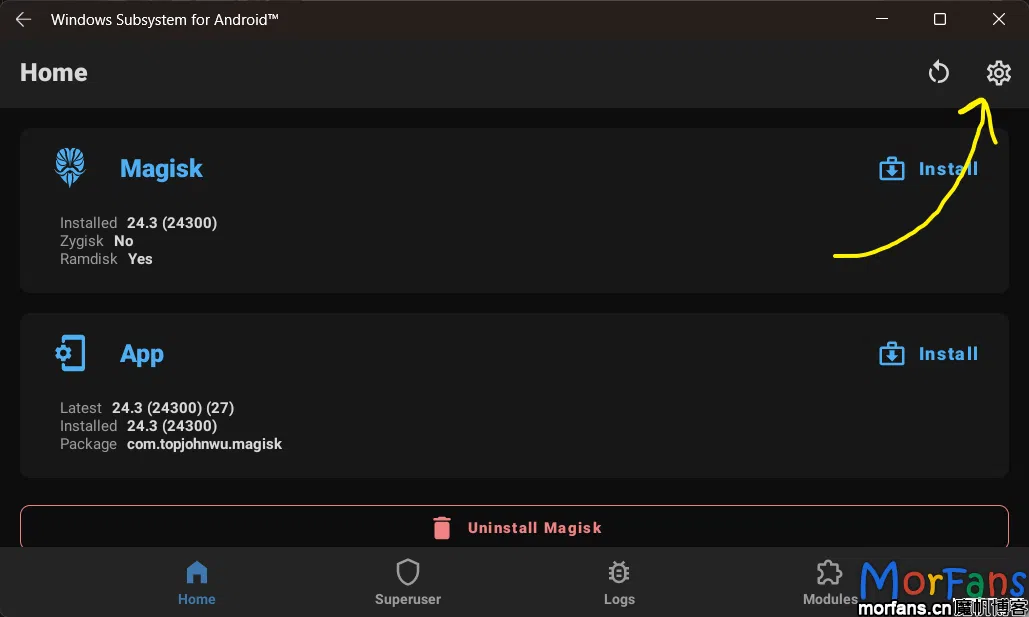 在 Magisk 窗口中，点击设置