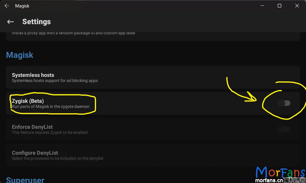 安装有 RootMagiskXposedPlay 的 WSA 安卓子系统 5 在Magisk设置中找到 Zygisk,打开开关